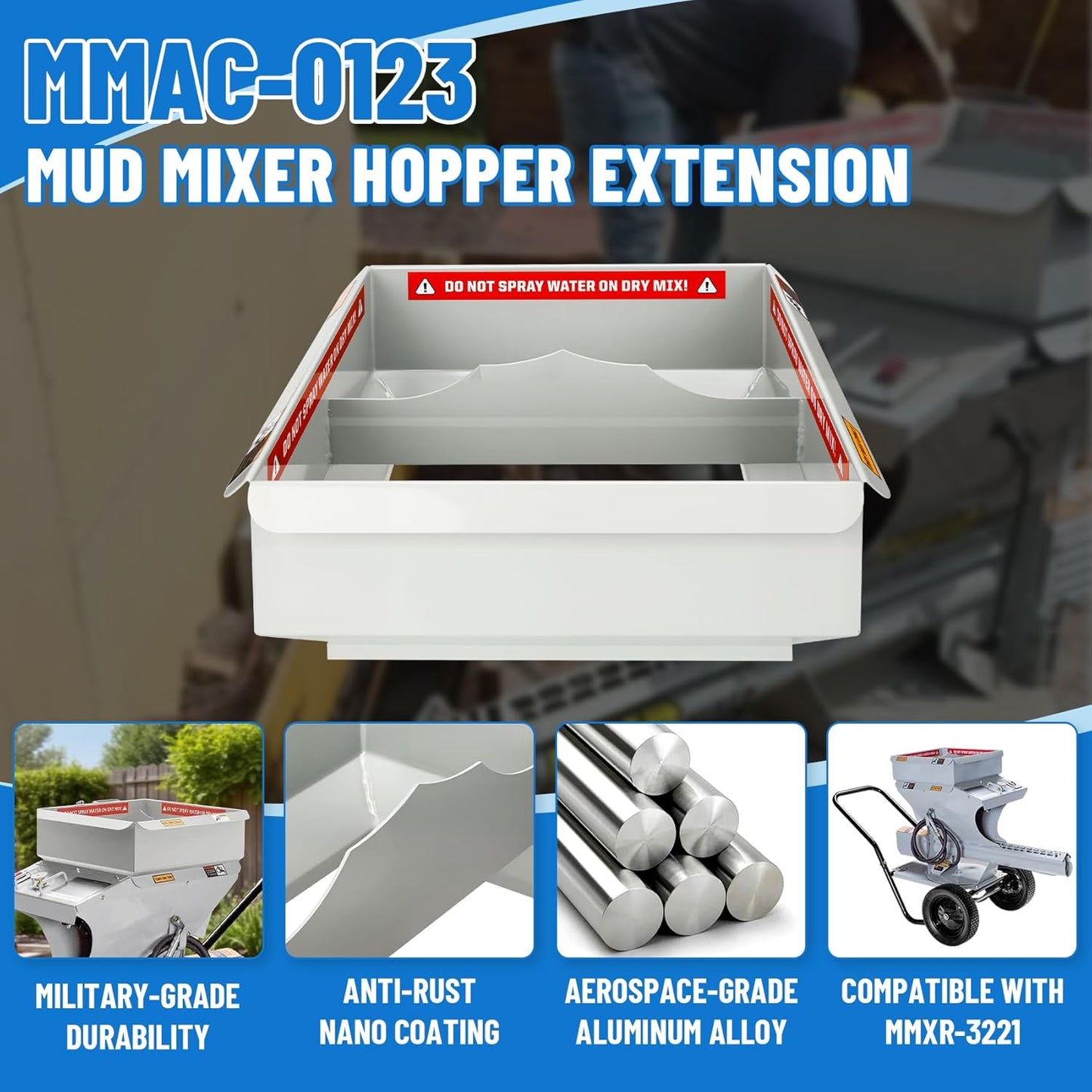Upgrade MMAC-0123 Mud Mixer Hopper Extension, Pairs with MMAC-0133 for MMXR-3221 Mixers, Expands Capacity from 120 to 300 Lbs, Ldeal for Large Construction & Site Renovations