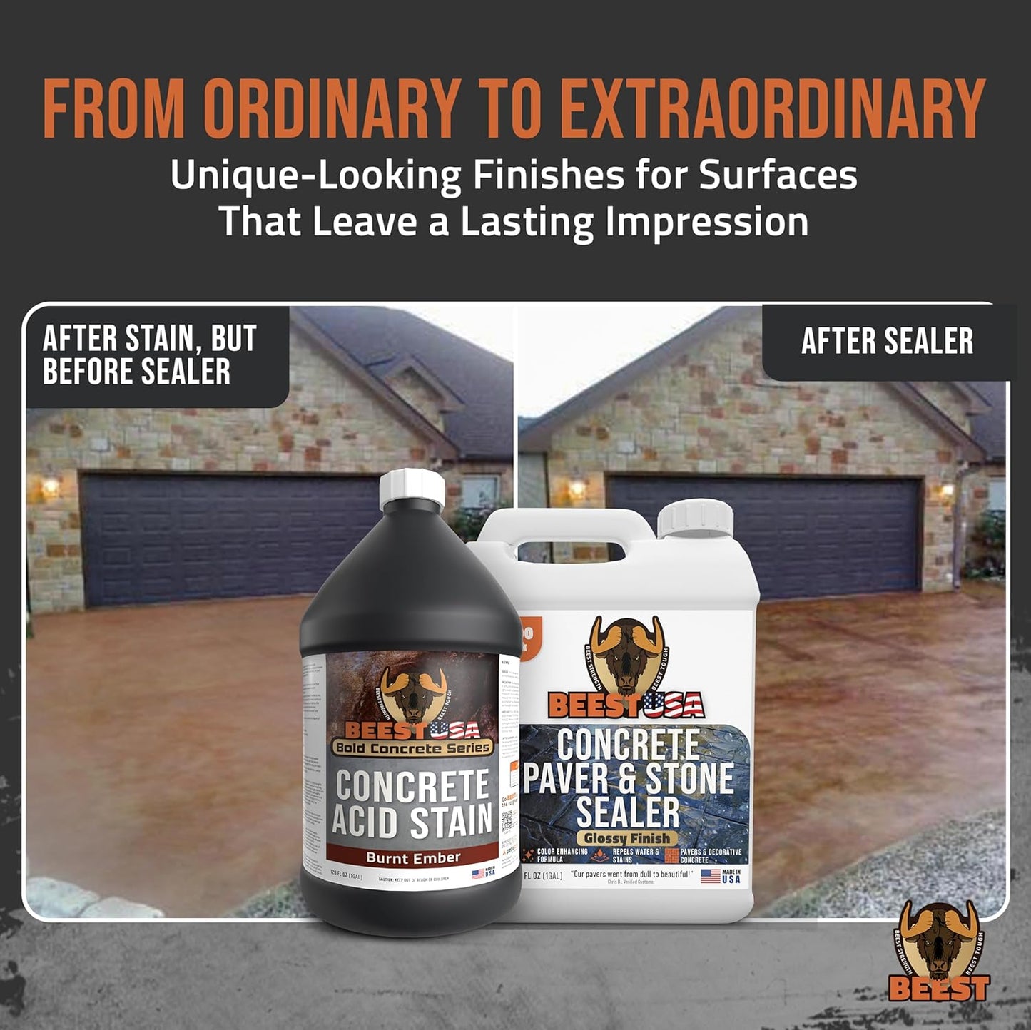 BEEST Concrete Stain - Burnt Ember - 1 Gallon, Test 8 Oz Concrete Dye on a Small Area for Desired Results - Acid Stain for Floors, Pavers, Patios, Countertop, Cement, Driveway - Unique Marbled Finish