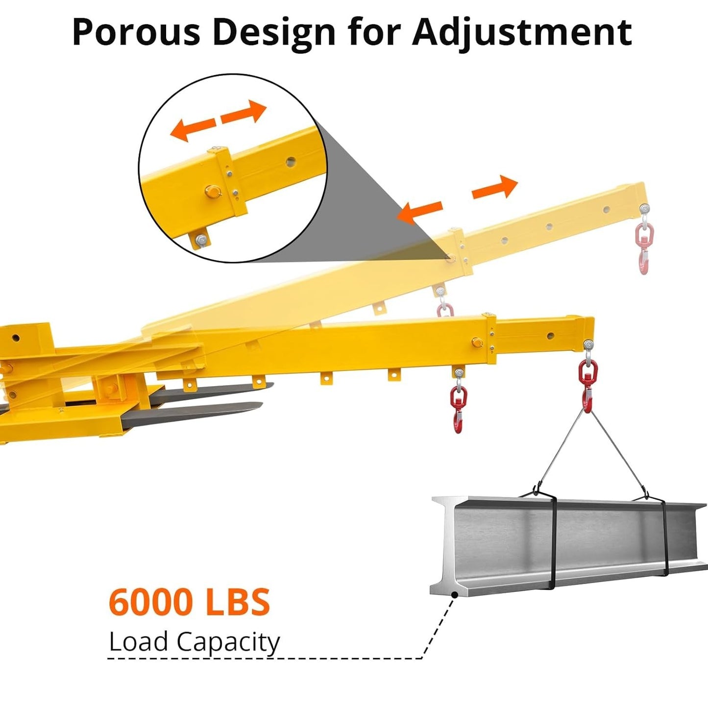 Adjustable Forklift Jib Boom Crane, Telescopes 83“~149",Two Swivel Hooks,6600Lbs
