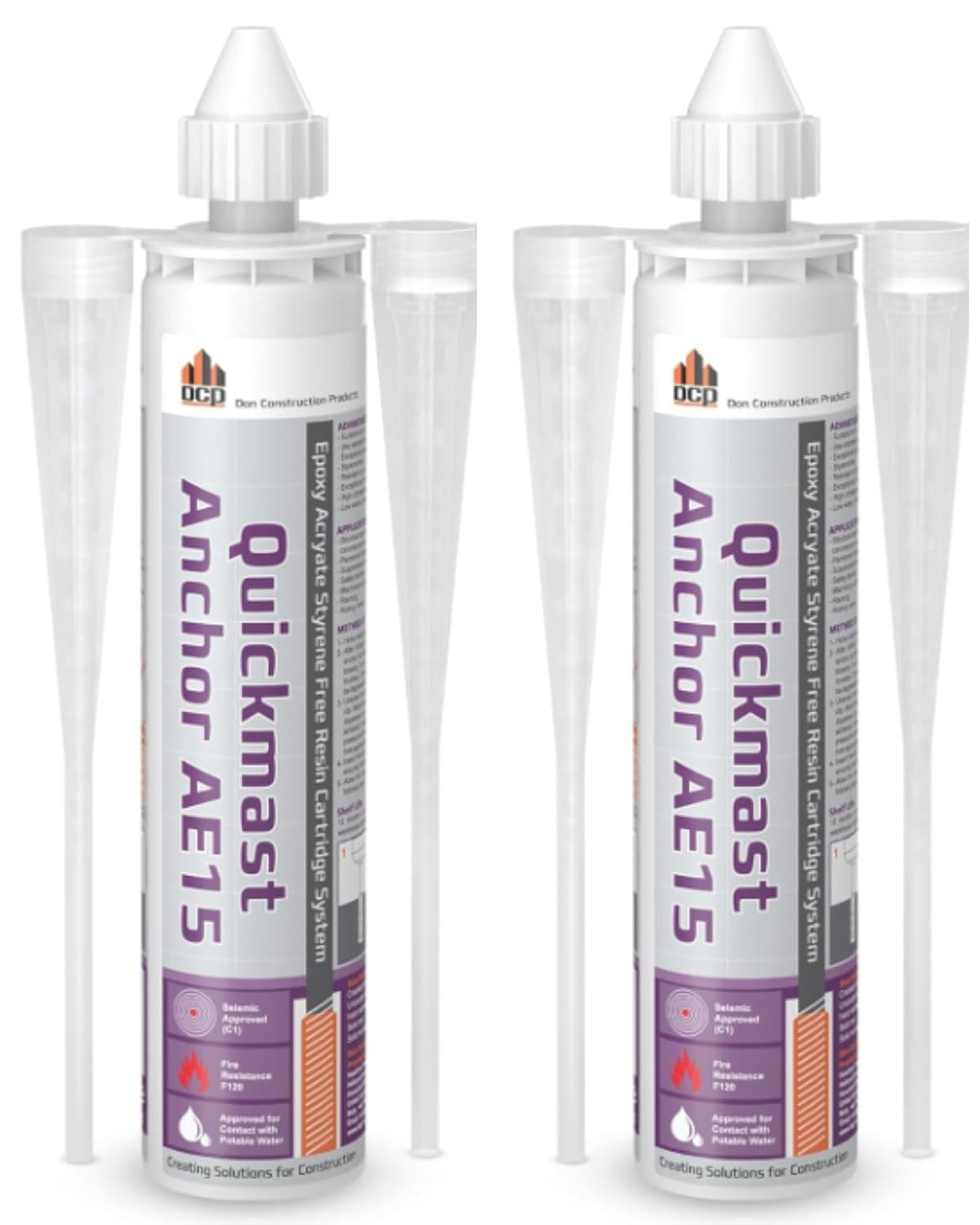 DCP Quickmast AE15 Concrete Epoxy for Rebar and Rods – High-Strength Anchoring System, Two-Part Acrylate Epoxy with Cartridge and Nozzles, 10.1 Fl Oz – 1 Pack
