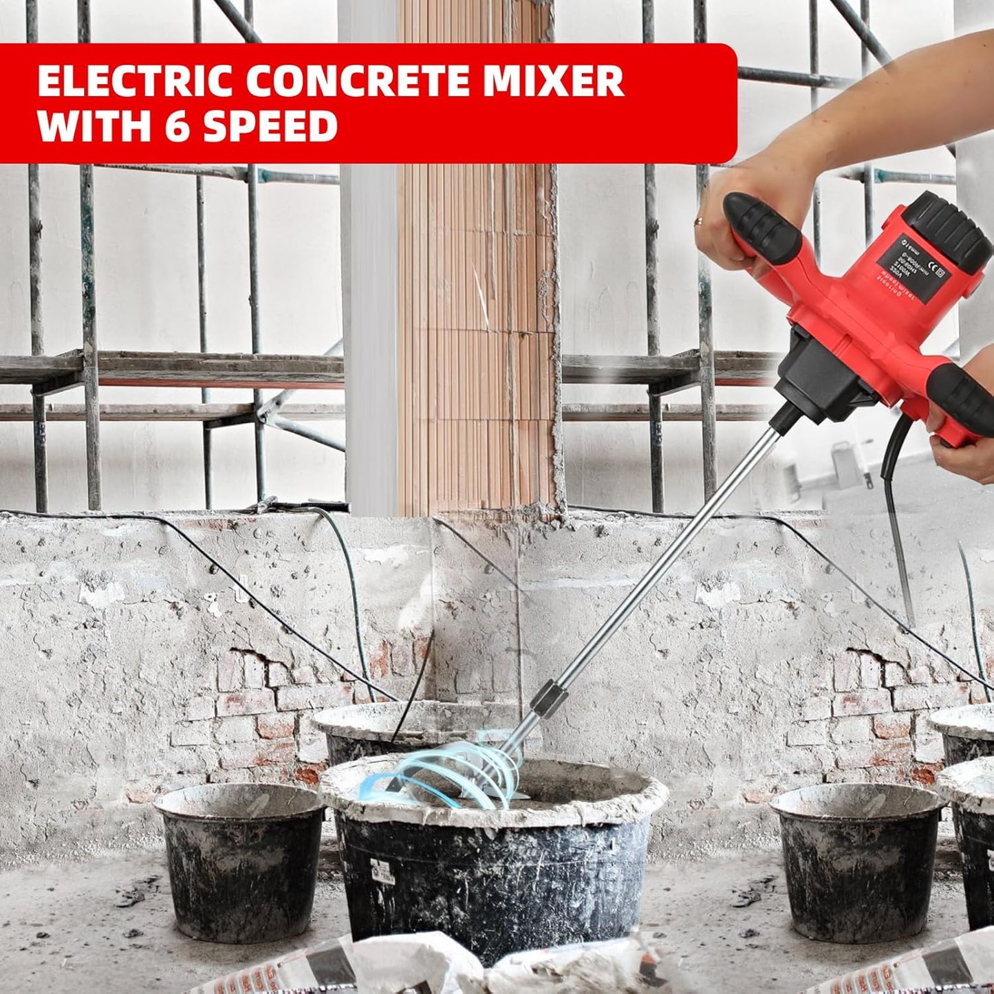 Cement Mixer 2300W, Handheld Electric Concrete Mixer with 6 Adjustable Speed, 110V Portable Mud Mixer Paint Mixer for Motar Grout Plaster Thinset Fodder Stirring Tool