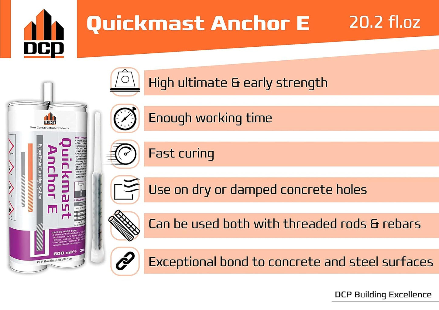 Quickmast E 20.2 Fl Oz. Concrete Anchor Epoxy, 2-Pack with Epoxy Gun - Two-Part Anchoring System for Rebar & Threaded Rods - Quick-Set, Strong & Durable Bond
