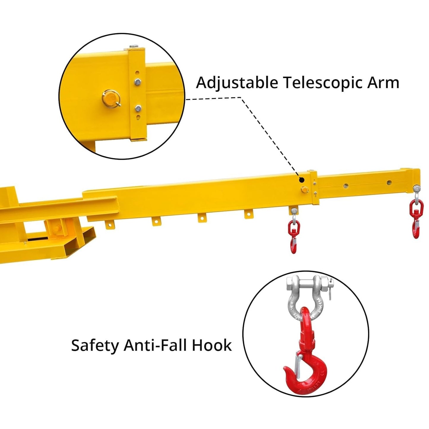 Adjustable Forklift Jib Boom Crane, Telescopes 83“~149",Two Swivel Hooks,6600Lbs