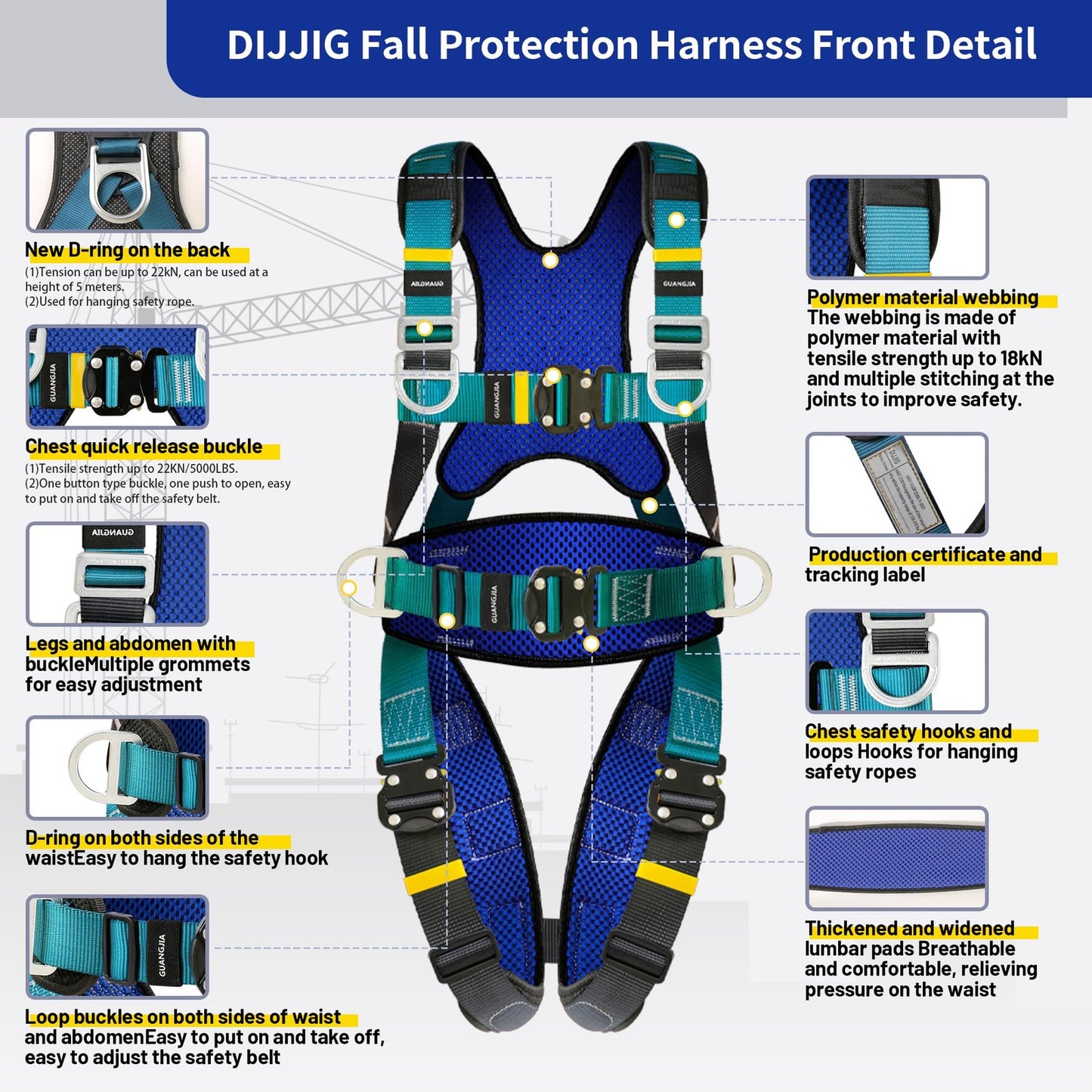 Full Body Protection Safety Harness 5Pt Adjustment Safe Comfortable Construct...