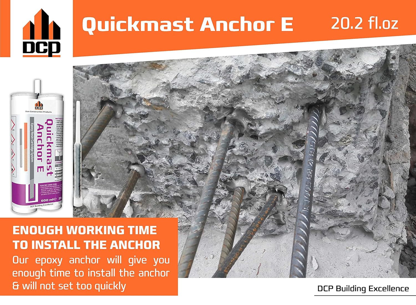 Quickmast E 20.2 Fl Oz. Concrete Anchor Epoxy, 2-Pack with Epoxy Gun - Two-Part Anchoring System for Rebar & Threaded Rods - Quick-Set, Strong & Durable Bond