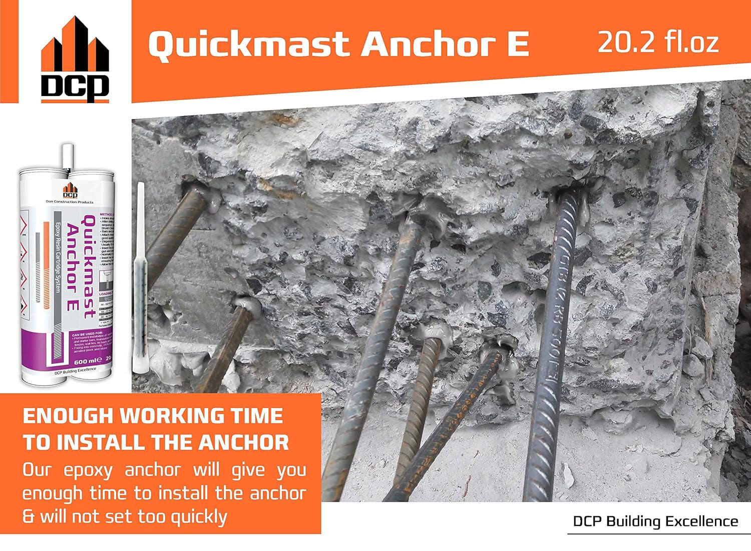 Quickmast E 20.2 Fl Oz. Concrete Anchor Epoxy, 2-Pack with Epoxy Gun - Two-Part Anchoring System for Rebar & Threaded Rods - Quick-Set, Strong & Durable Bond