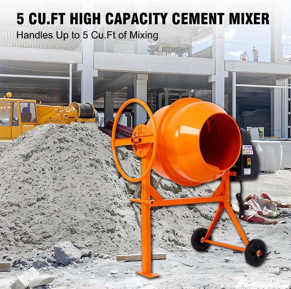 5 Cu. Ft Cement Mixer, Electric Concrete Mixer, 650W 1/3 HP Heavy Duty Concrete Mud Mixer Tools, Portable Concrete Cement Mixer with Wheels and Stand for Mortar, Stucco and Fodder
