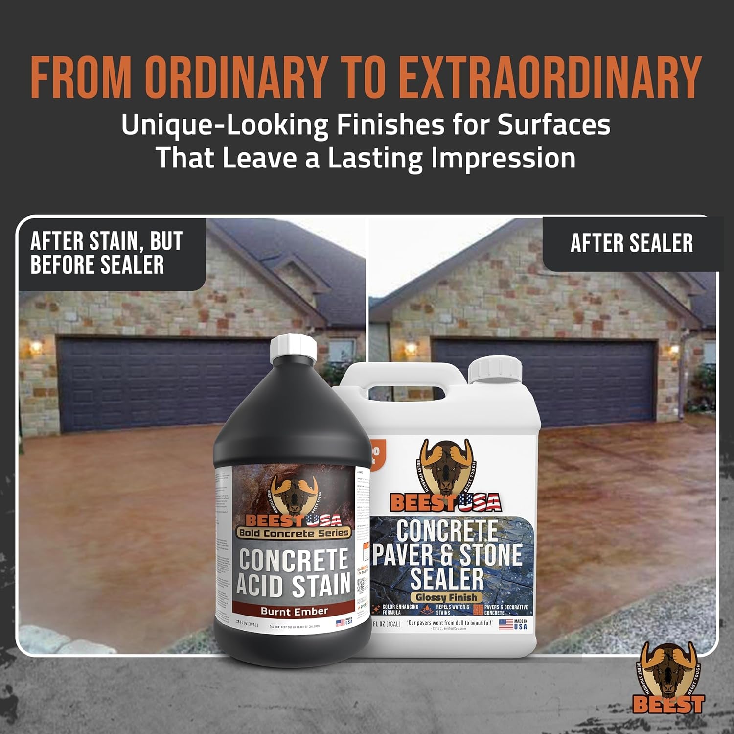 BEEST Concrete Stain - Burnt Ember - 1 Gallon, Test 8 Oz Concrete Dye on a Small Area for Desired Results - Acid Stain for Floors, Pavers, Patios, Countertop, Cement, Driveway - Unique Marbled Finish