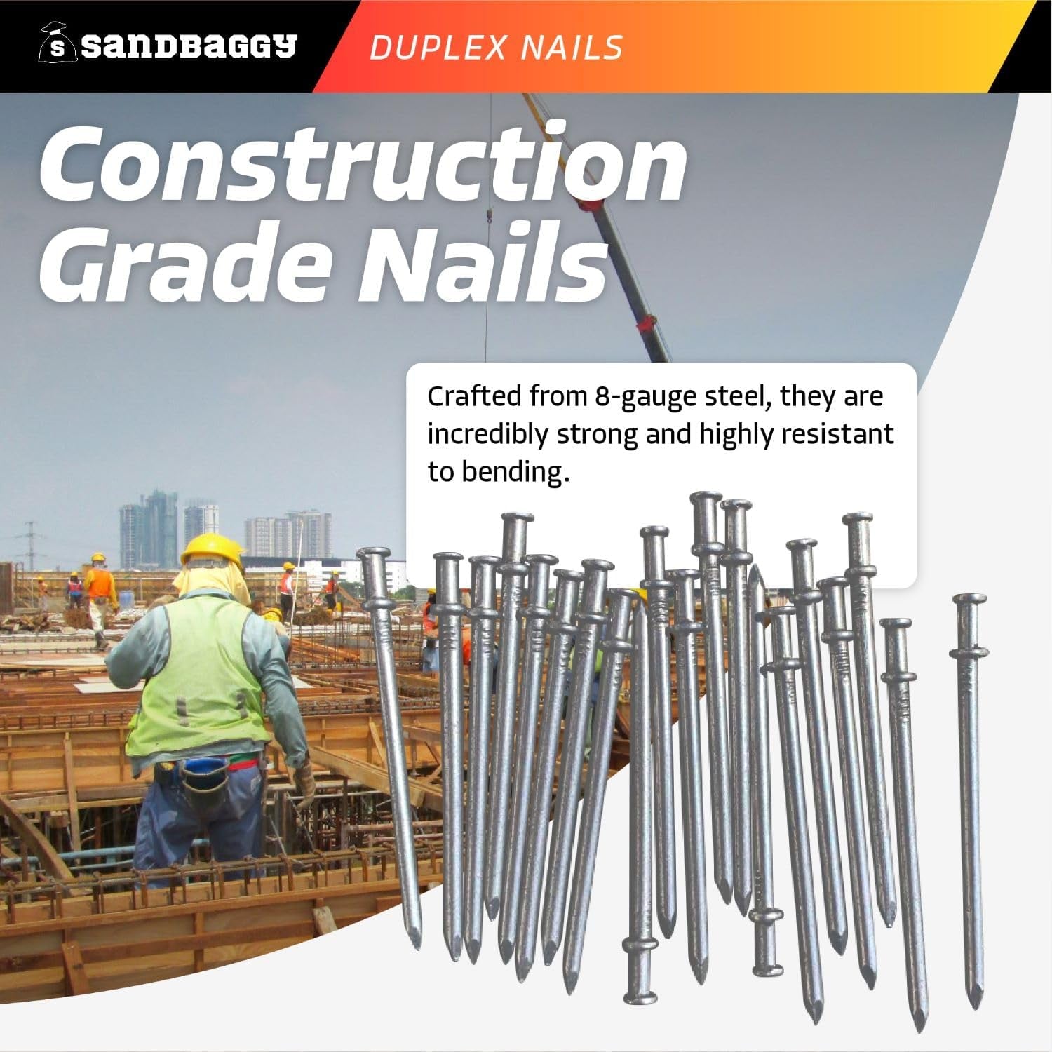 Sandbaggy 16D Duplex Nails (3.5" Long) - Temporary Construction, Concrete Forms, Scaffolding - 8 Gauge Steel - Smooth Shank, Flat Head - Removable/Reusable (200)