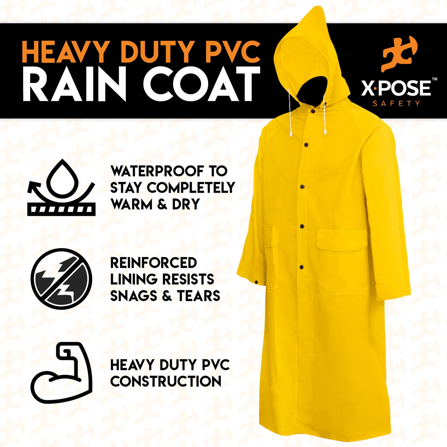 Heavy Duty Yellow Rain Coat .35Mm PVC 48In Jacket with Detachable Hood, M
