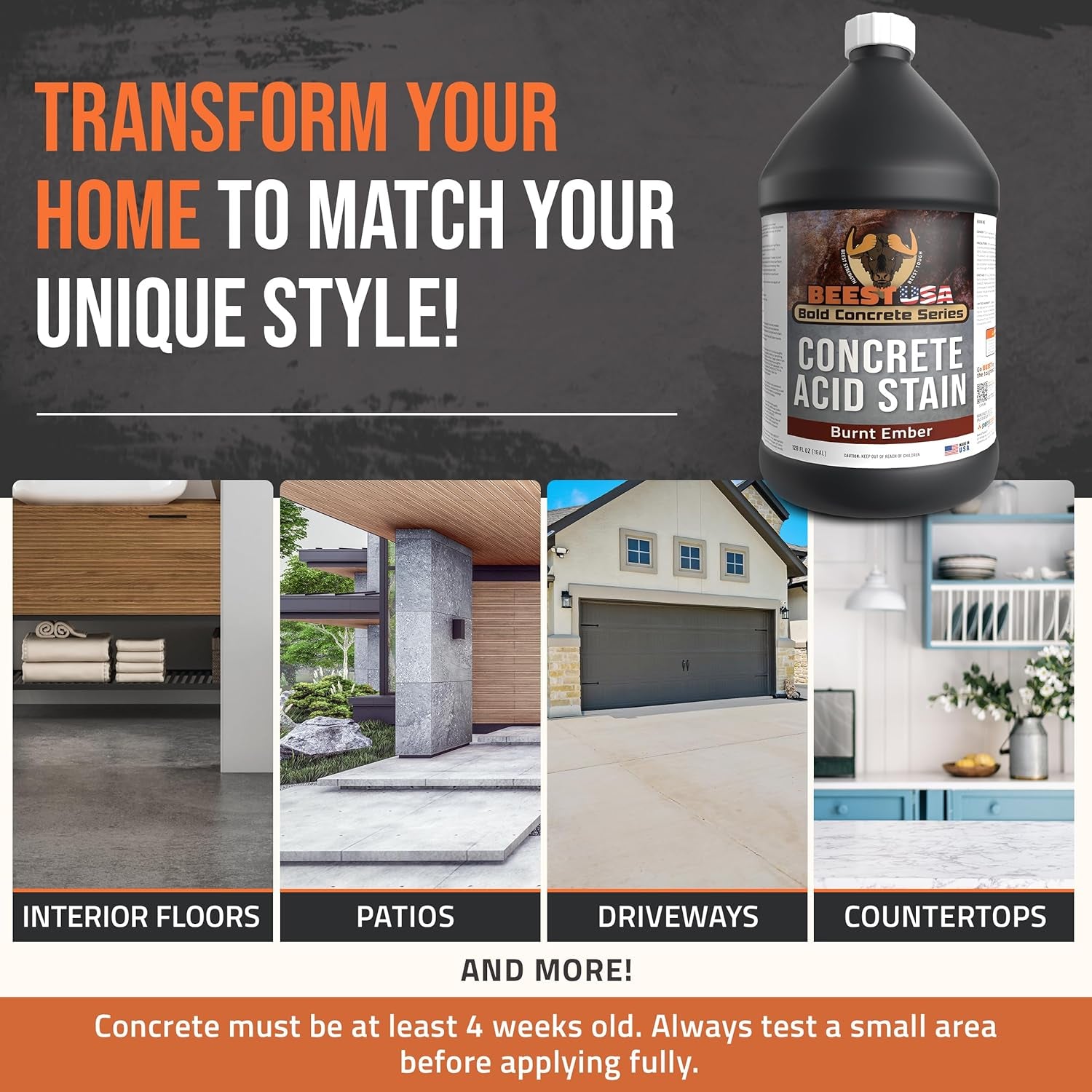 BEEST Concrete Stain - Burnt Ember - 1 Gallon, Test 8 Oz Concrete Dye on a Small Area for Desired Results - Acid Stain for Floors, Pavers, Patios, Countertop, Cement, Driveway - Unique Marbled Finish