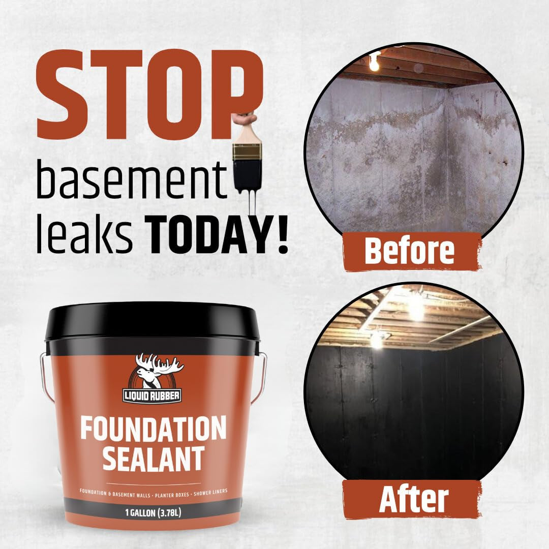 Liquid Rubber Basement and Foundation Repair Sealant - Waterproof Concrete Sealer & Crack Filler - Flexible Coating for Indoor & Outdoor Use - Waterproofing Paint - Black, 5 Gallon