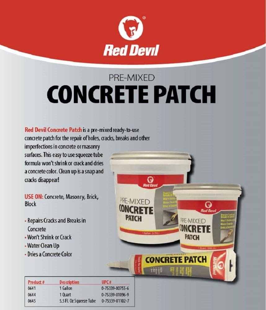 Red Devil 0644 Concrete Repair Patch, Cement Crack Fillter, Pre-Mixed, 1 Quart, Pack of 1, Gray, Made in USA
