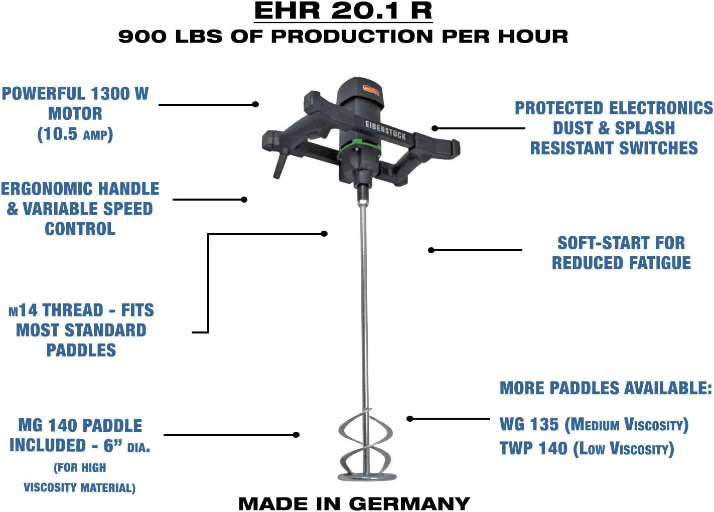 CS Unitec EHR 20.1 R Set Portable Hand-Held Electric Concrete Mixer Including MG 140 Paddle, 10.5 Amp, 110 VAC, 900 Lb. per Hour
