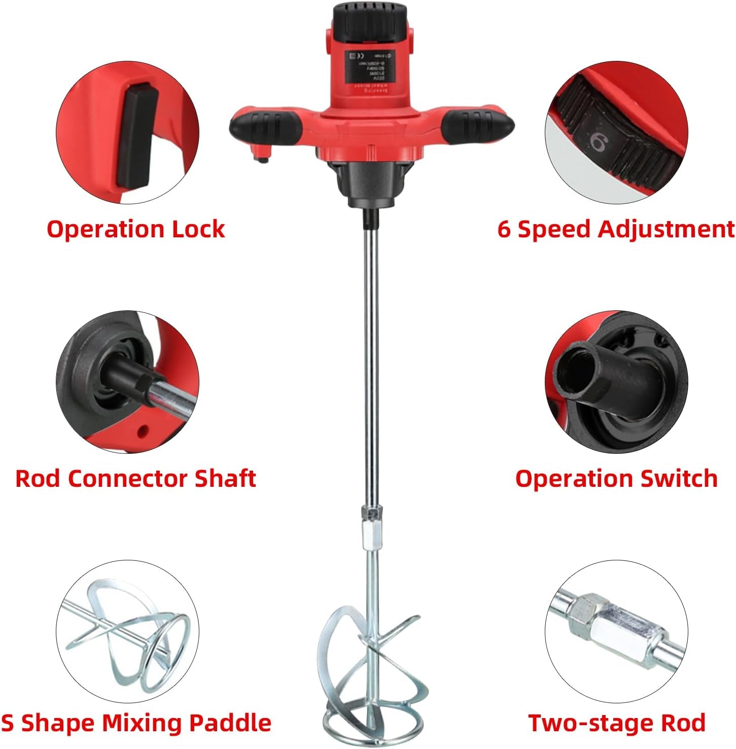 Cement Mixer 2300W, Handheld Electric Concrete Mixer with 6 Adjustable Speed, 110V Portable Mud Mixer Paint Mixer for Motar Grout Plaster Thinset Fodder Stirring Tool