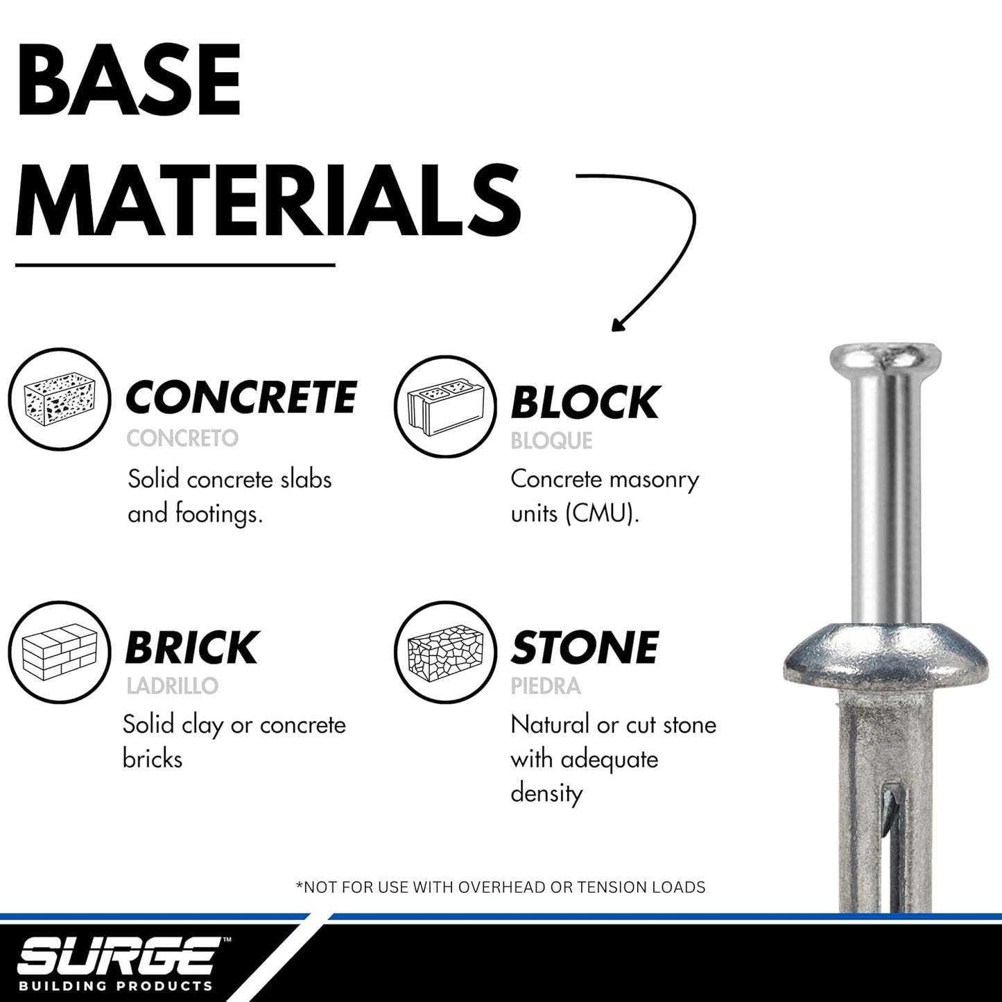 Surge BP - 1/4" X 1" Stainless MH Hammer Drive Nail in Concrete Anchor with 304 Stainless Steel Nail | Fasteners for Concrete, Block, and Brick (100/BOX)