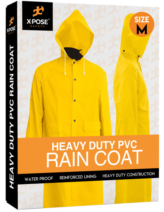 Heavy Duty Yellow Rain Coat .35Mm PVC 48In Jacket with Detachable Hood, M