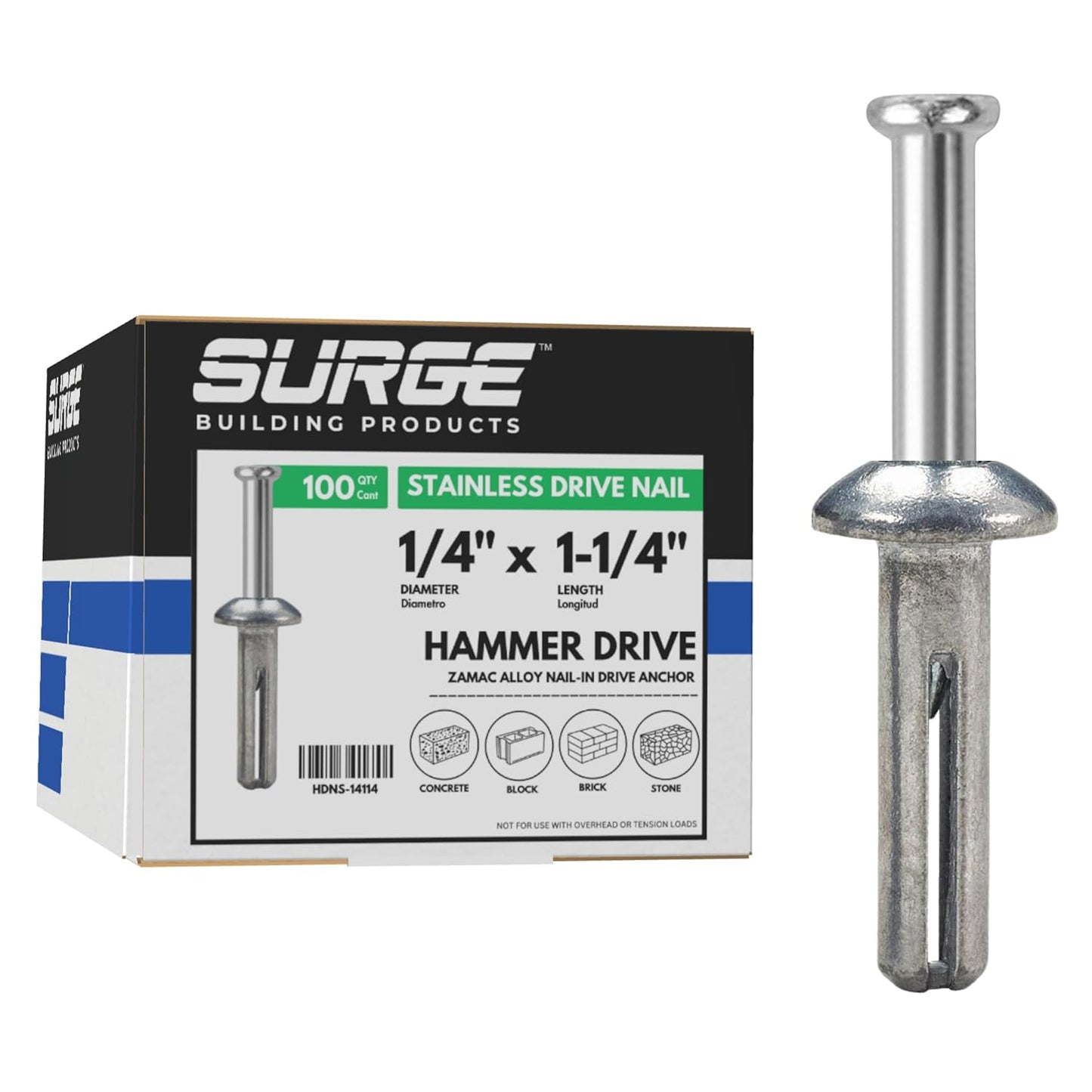 Surge BP - 1/4" X 1" Stainless MH Hammer Drive Nail in Concrete Anchor with 304 Stainless Steel Nail | Fasteners for Concrete, Block, and Brick (100/BOX)
