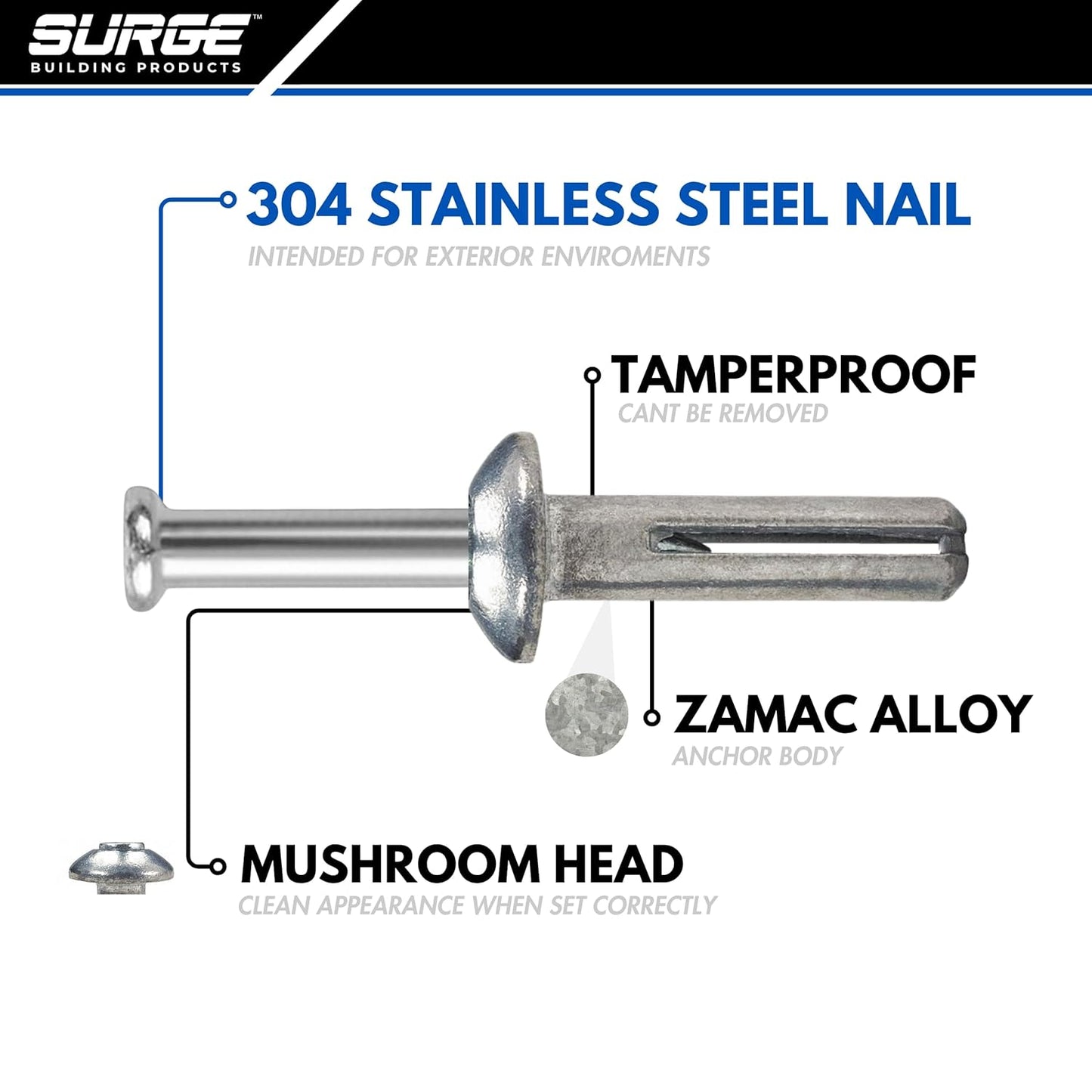 Surge BP - 1/4" X 1" Stainless MH Hammer Drive Nail in Concrete Anchor with 304 Stainless Steel Nail | Fasteners for Concrete, Block, and Brick (100/BOX)