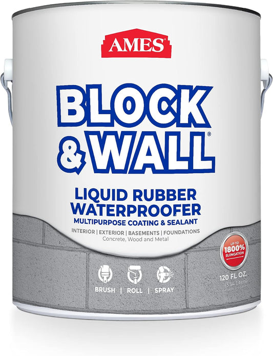 Ames Block & Wall™ Liquid Rubber Waterproofer Multi-Purpose Coating & Sealant - 1 Gallon - Perfect to Use as Concrete Sealer and Waterproofer for Basements and Foundations - Made in the USA, White