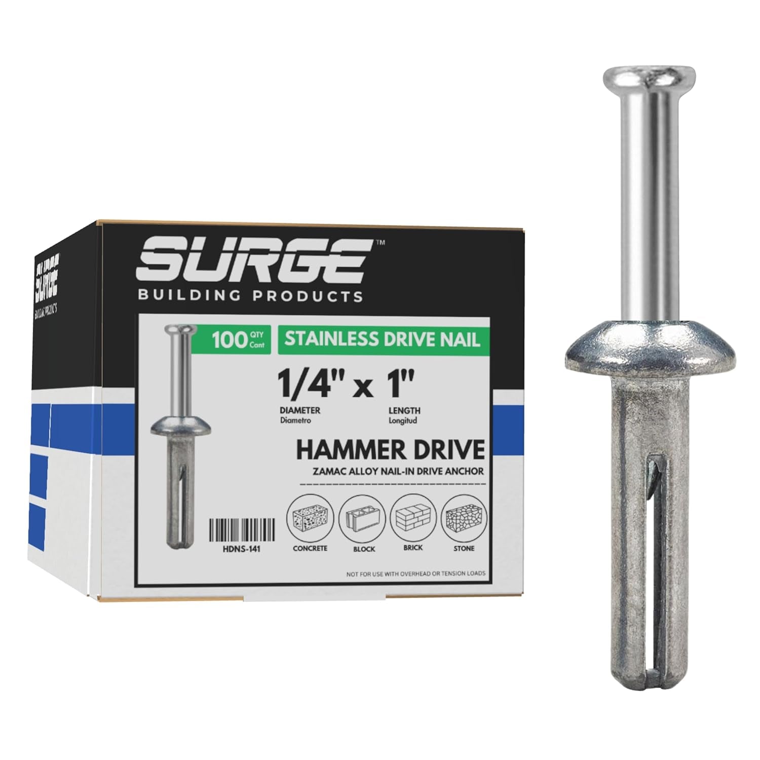 Surge BP - 1/4" X 1" Stainless MH Hammer Drive Nail in Concrete Anchor with 304 Stainless Steel Nail | Fasteners for Concrete, Block, and Brick (100/BOX)