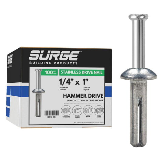 Surge BP - 1/4" X 1" Stainless MH Hammer Drive Nail in Concrete Anchor with 304 Stainless Steel Nail | Fasteners for Concrete, Block, and Brick (100/BOX)