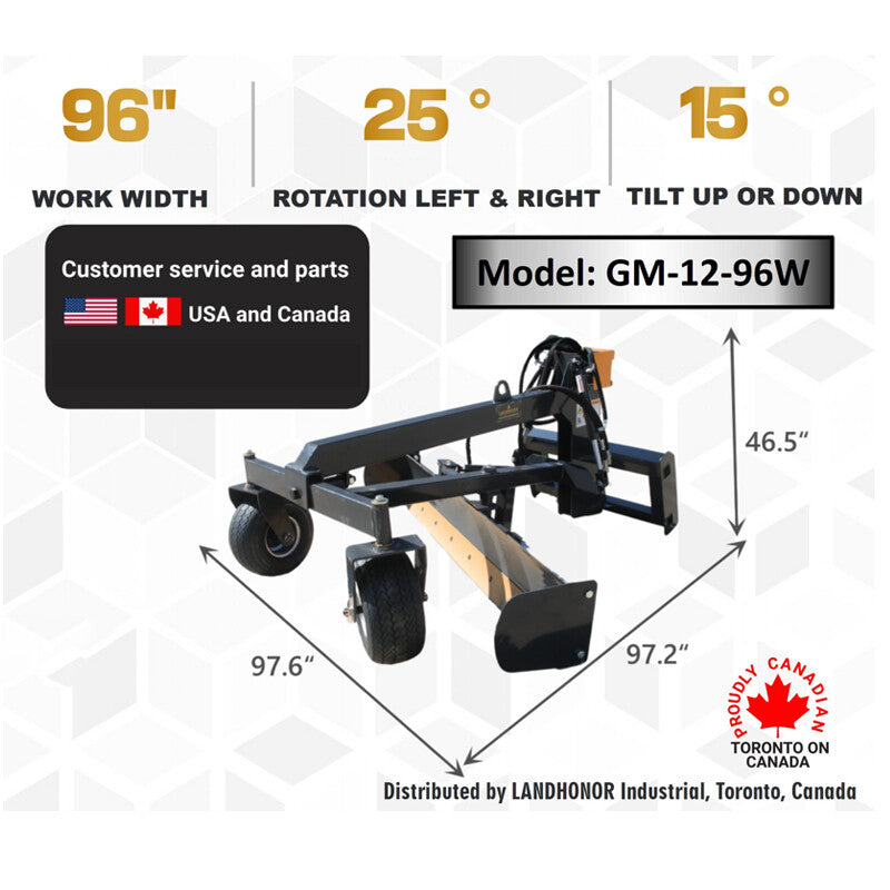 Landhonor 96'' Skid Steer Grader Attachment Grading Hydraulic Blade Quick Attach