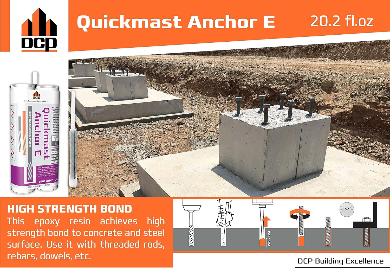 Quickmast E 20.2 Fl Oz. Concrete Anchor Epoxy, 2-Pack with Epoxy Gun - Two-Part Anchoring System for Rebar & Threaded Rods - Quick-Set, Strong & Durable Bond