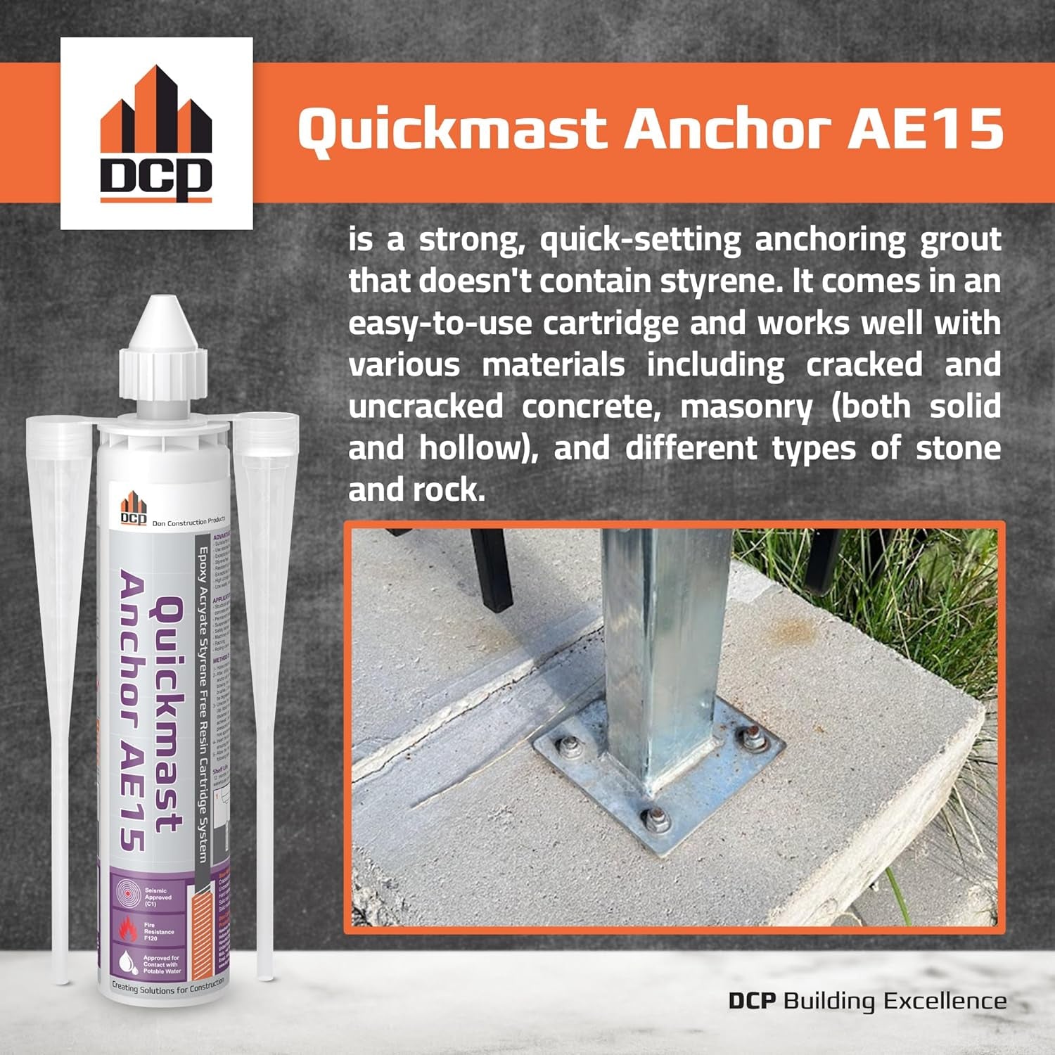 DCP Quickmast AE15 Concrete Epoxy for Rebar and Rods – High-Strength Anchoring System, Two-Part Acrylate Epoxy with Cartridge and Nozzles, 10.1 Fl Oz – 1 Pack