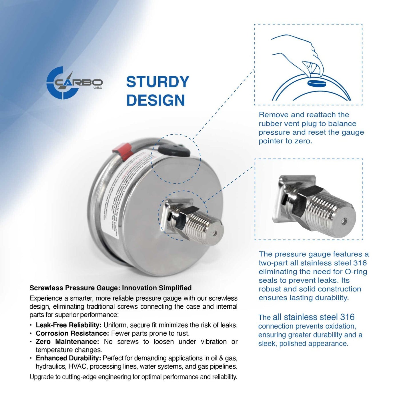 2-1/2" Pressure Gauge, ALL STAINLESS STEEL, Liquid Filled, Back Mnt, 1500 Psi