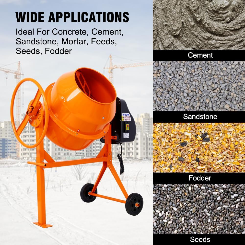 5 Cu. Ft Cement Mixer, Electric Concrete Mixer, 650W 1/3 HP Heavy Duty Concrete Mud Mixer Tools, Portable Concrete Cement Mixer with Wheels and Stand for Mortar, Stucco and Fodder