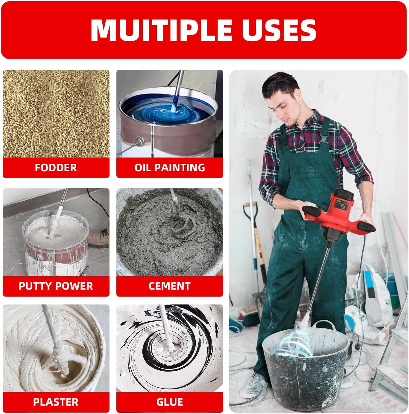 Cement Mixer 2300W, Handheld Electric Concrete Mixer with 6 Adjustable Speed, 110V Portable Mud Mixer Paint Mixer for Motar Grout Plaster Thinset Fodder Stirring Tool