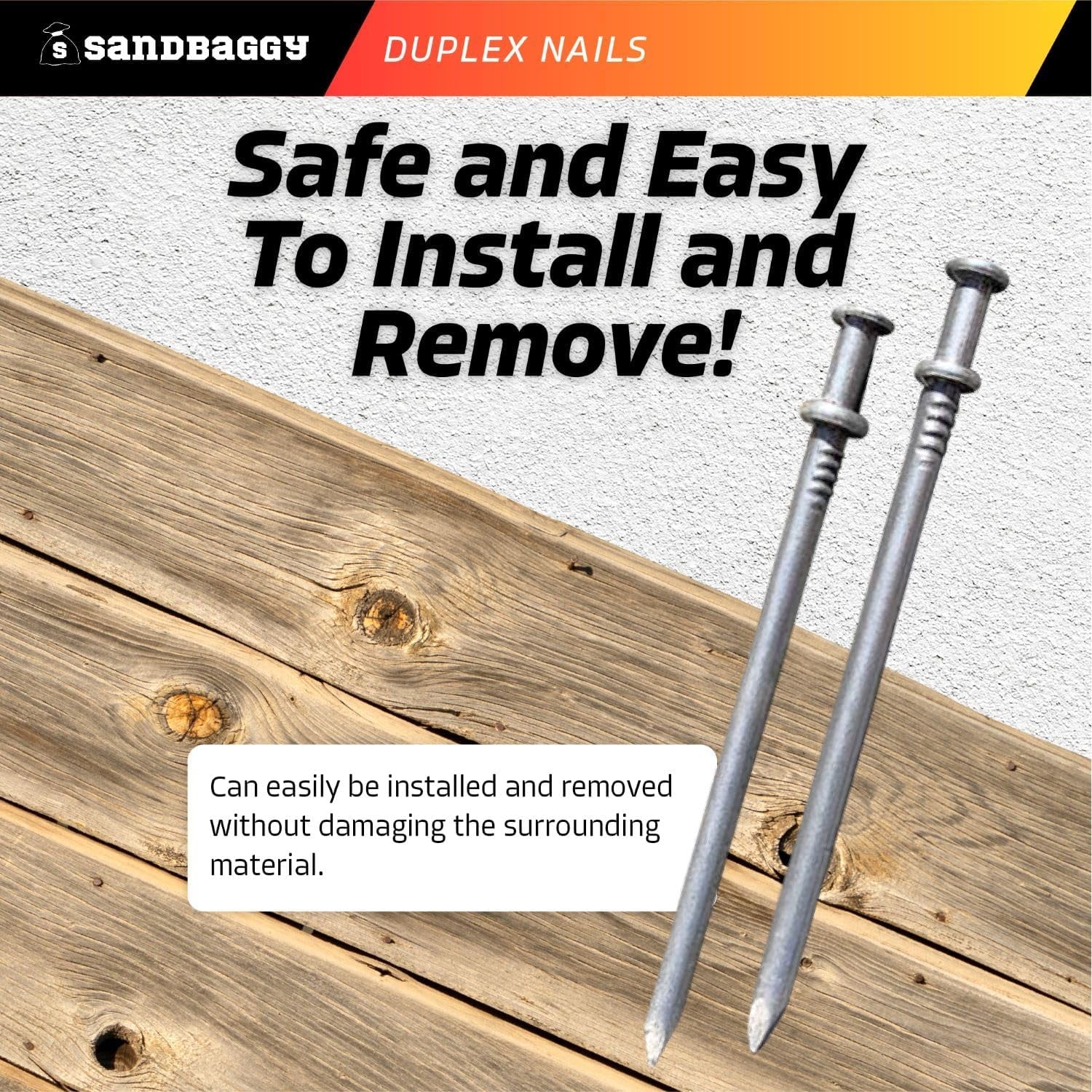Sandbaggy 16D Duplex Nails (3.5" Long) - Temporary Construction, Concrete Forms, Scaffolding - 8 Gauge Steel - Smooth Shank, Flat Head - Removable/Reusable (200)
