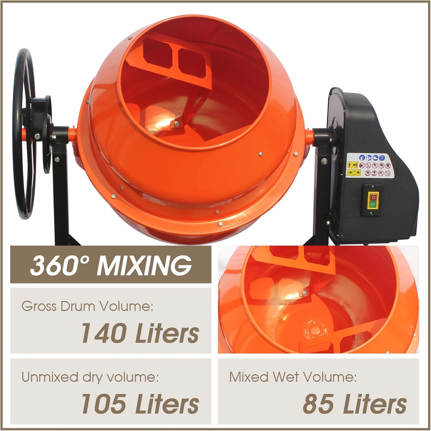 Portable 5 Cubic Ft Concrete Cement Mixer 4/5 HP 600W Adjustable Tilt,Heavy Concrete Mud Mixer Tools with Wheel and Stand,Electric Concrete Mixer for Mortar Stucco Seeds DIY Construction and Fodder