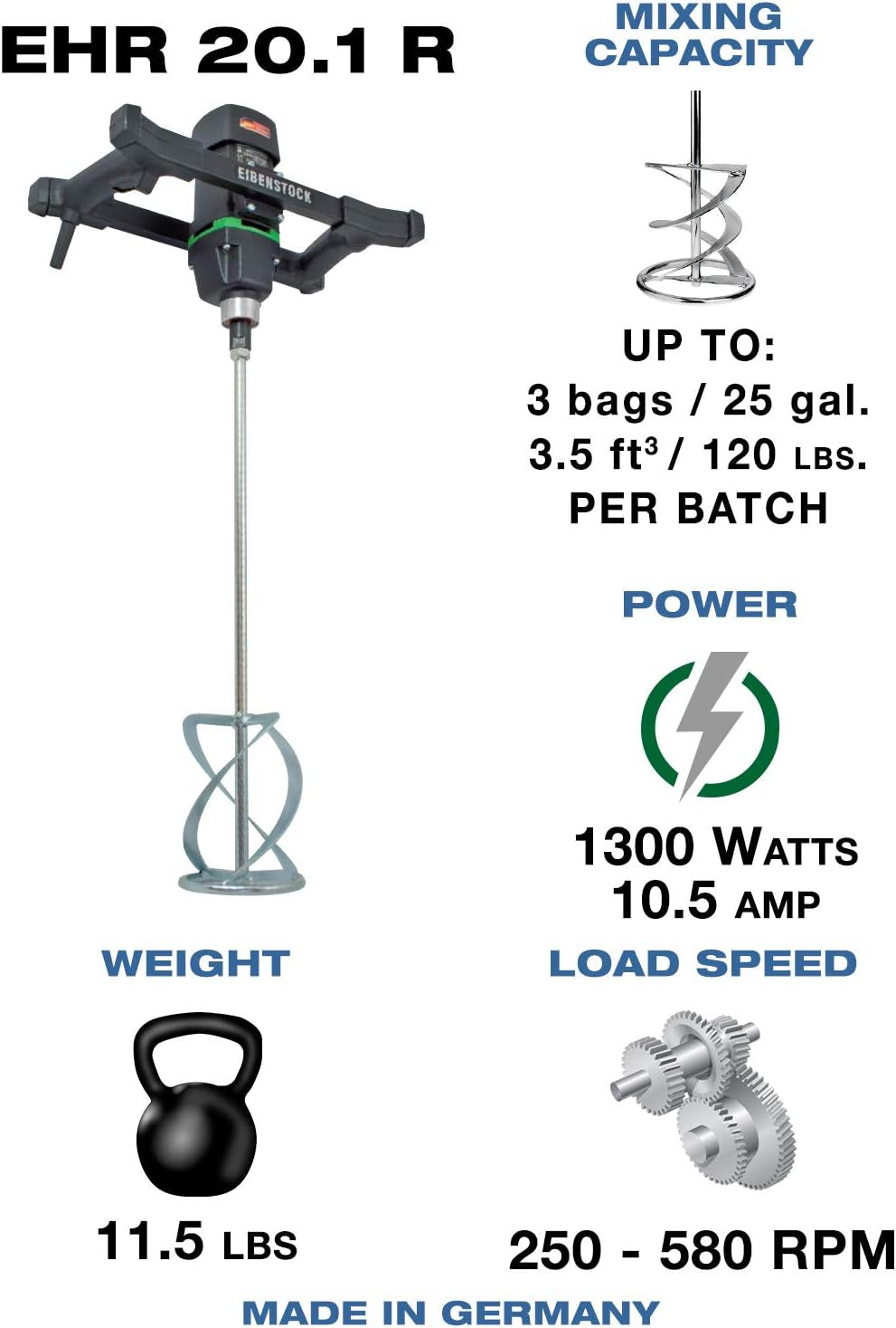 CS Unitec EHR 20.1 R Set Portable Hand-Held Electric Concrete Mixer Including MG 140 Paddle, 10.5 Amp, 110 VAC, 900 Lb. per Hour