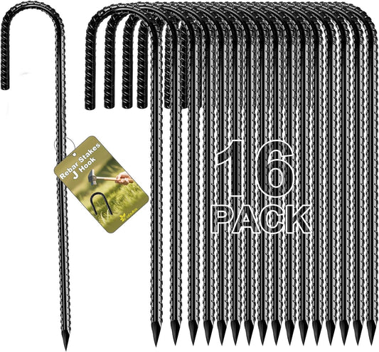 Rebar Stakes 12 Inch, Rebar Stakes Heavy Duty 16 Pack Ground Anchors J Hook with Chisel Point End Galvanized Steel Anchors for Fence Landscape Trampoline Chain Link Garden Camping Tent Plants