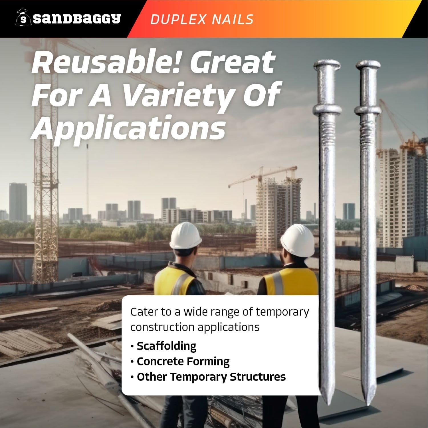 Sandbaggy 16D Duplex Nails (3.5" Long) - Temporary Construction, Concrete Forms, Scaffolding - 8 Gauge Steel - Smooth Shank, Flat Head - Removable/Reusable (200)