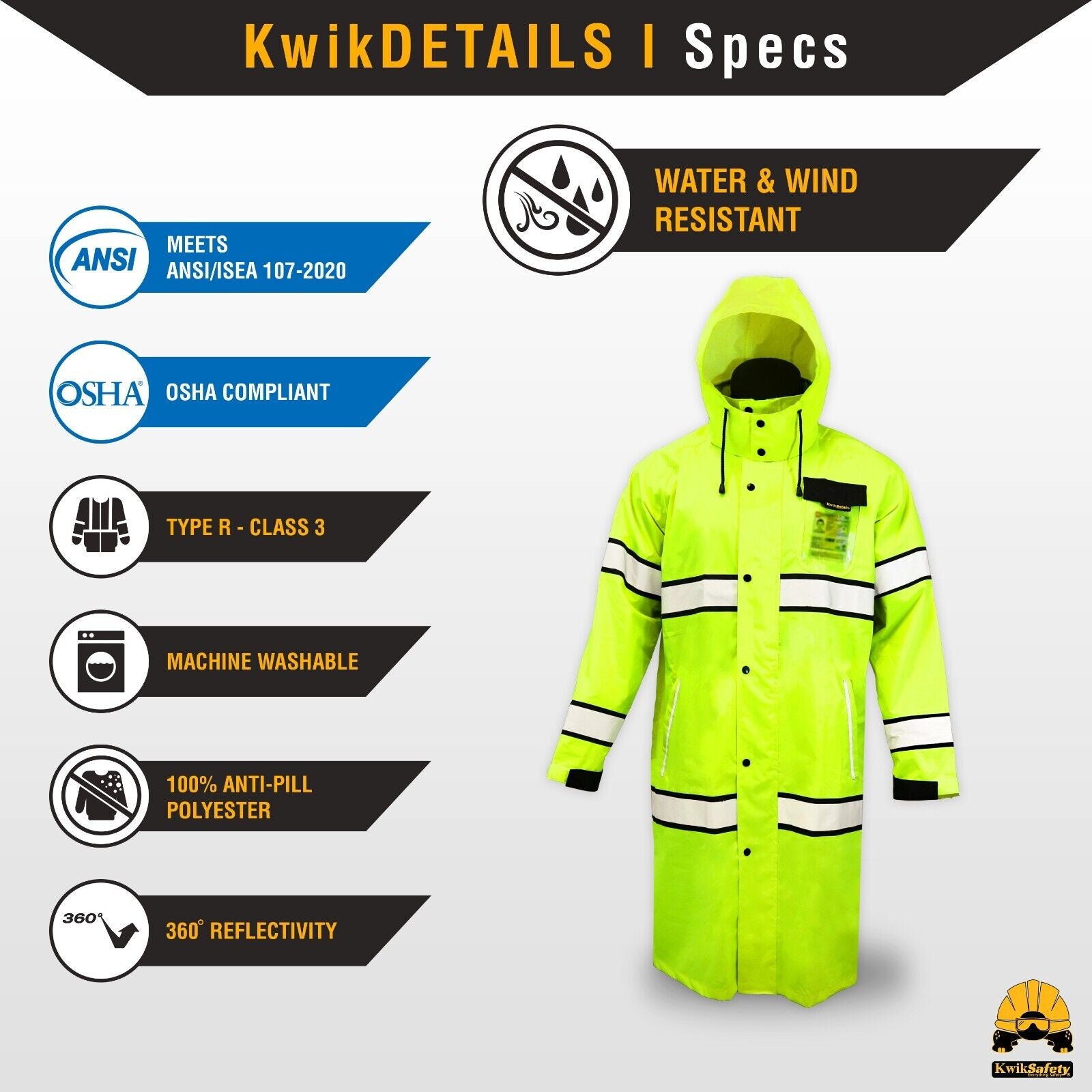 Kwiksafety TORRENT | High Visibility ANSI Class 3 Safety Trench Coat