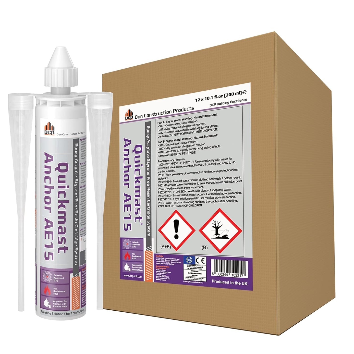 DCP Quickmast AE15 Concrete Epoxy for Rebar and Rods – High-Strength Anchoring System, Two-Part Acrylate Epoxy with Cartridge and Nozzles, 10.1 Fl Oz – 1 Pack