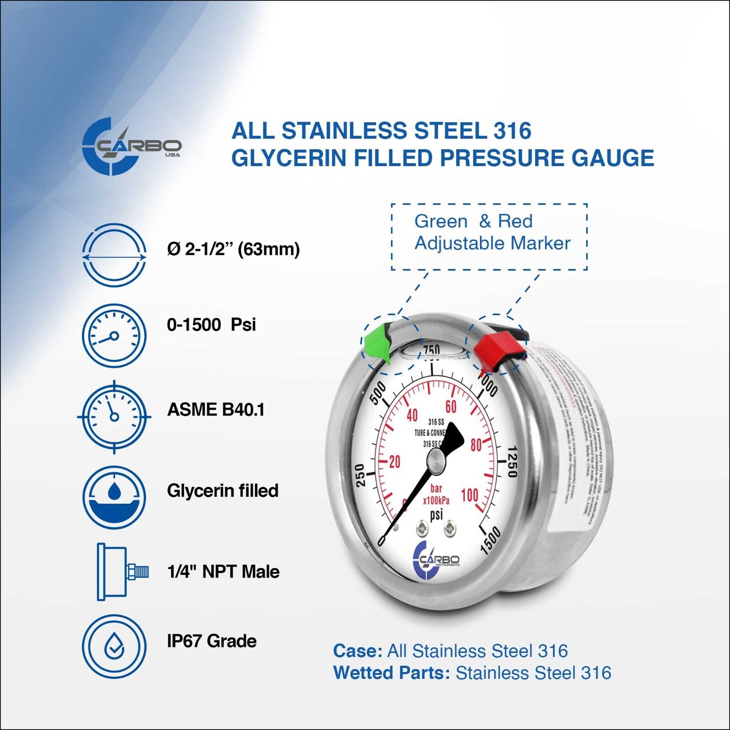 2-1/2" Pressure Gauge, ALL STAINLESS STEEL, Liquid Filled, Back Mnt, 1500 Psi
