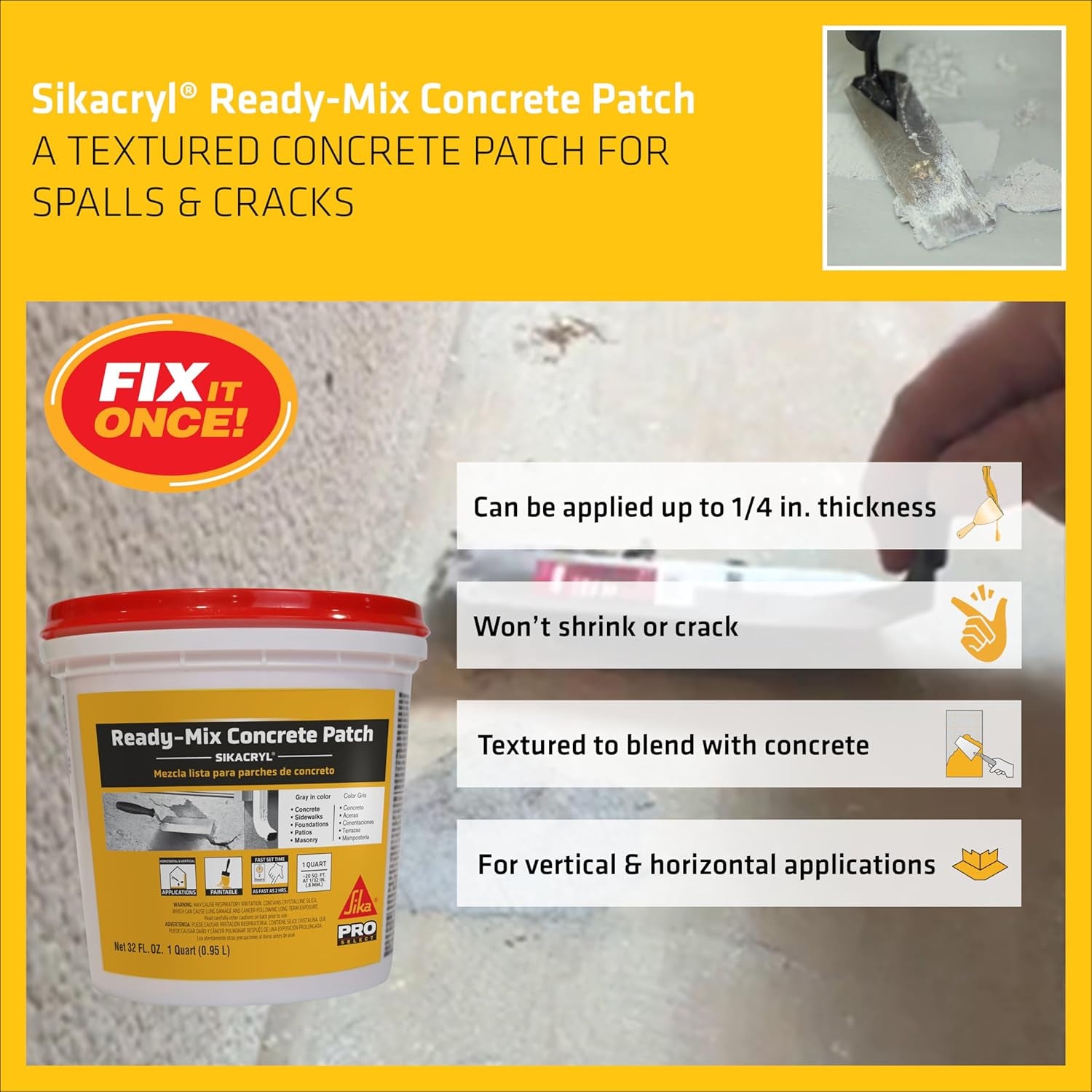 Sika - Sikacryl - Gray - Ready-Mix Concrete Patch - for Repairing Spalls and Cracks in Concrete and Masonry - Textured - 1 Qt (Pack of 1)