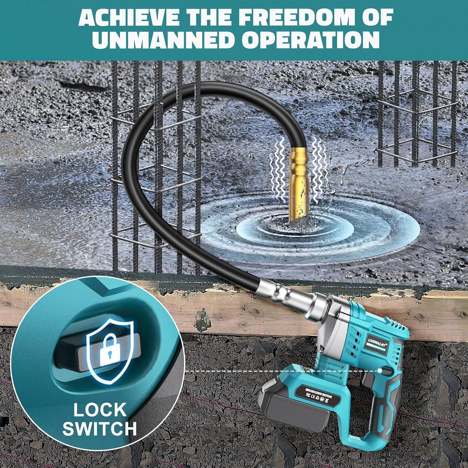 LIVOWALNY Handheld Concrete Vibrating Tool Compatible with Makita 18V Battery, 600W Cordless Electric Concrete Vibrator W/3.8Ft Shaft Rod, Portable Pencil Cement Vibrarator Remove Bubble Mix Concrete