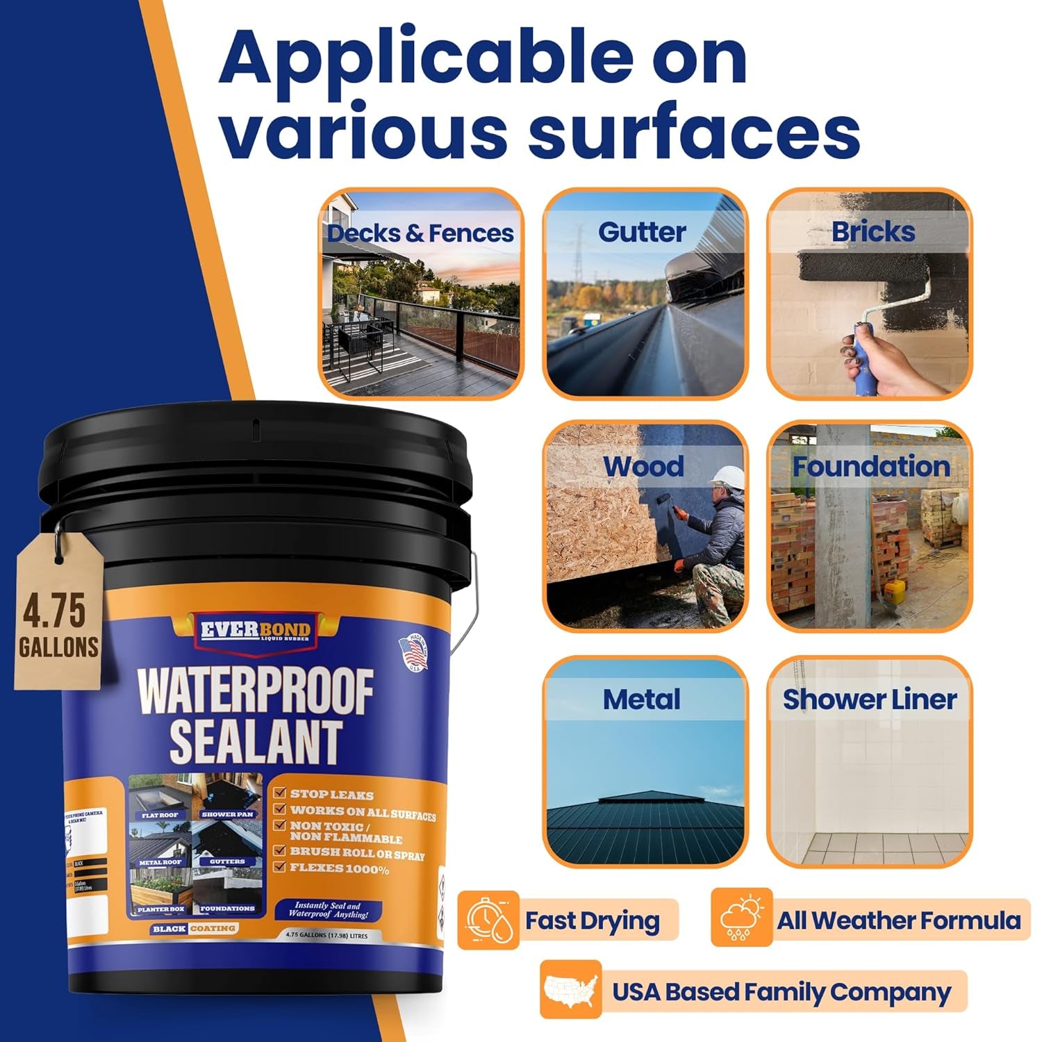 Liquid Rubber Waterproof Sealant - Rubber Paint - All Surface Leak Repair Indoor and Outdoor Flexible Roof Sealant, Water-Based, Easy to Apply, Original Black, 4.75 Gallon