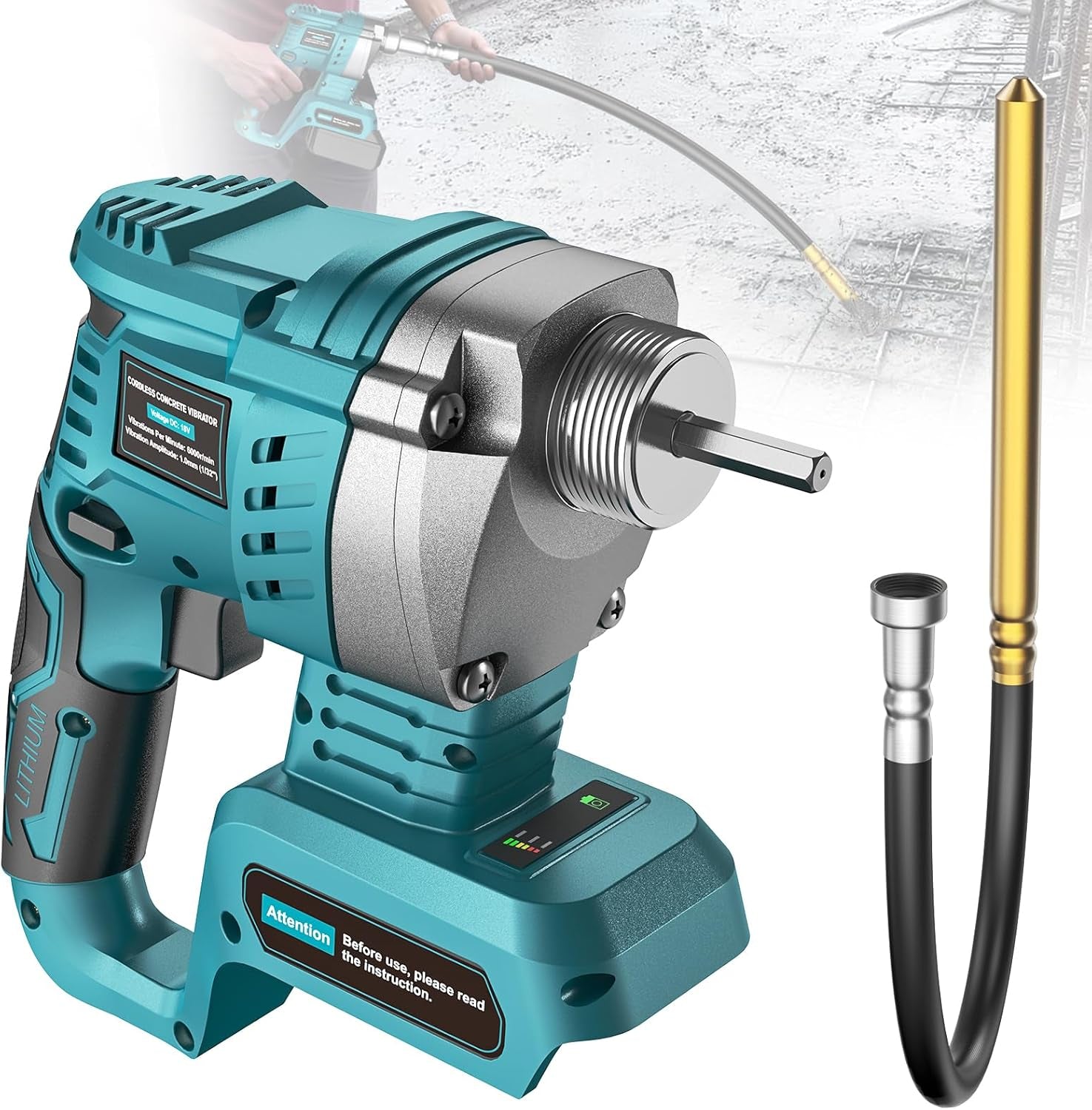 LIVOWALNY Handheld Concrete Vibrating Tool Compatible with Makita 18V Battery, 600W Cordless Electric Concrete Vibrator W/3.8Ft Shaft Rod, Portable Pencil Cement Vibrarator Remove Bubble Mix Concrete