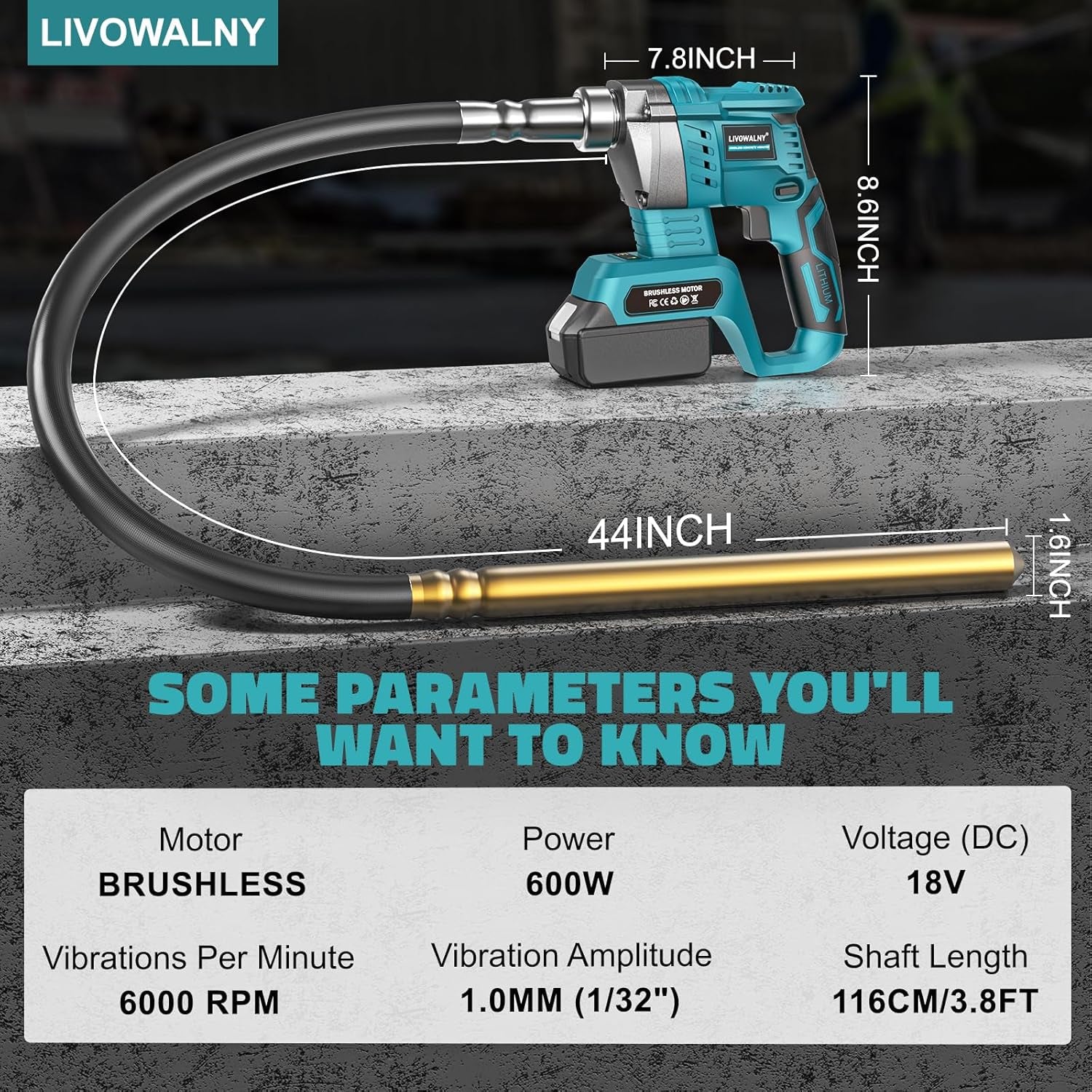 LIVOWALNY Handheld Concrete Vibrating Tool Compatible with Makita 18V Battery, 600W Cordless Electric Concrete Vibrator W/3.8Ft Shaft Rod, Portable Pencil Cement Vibrarator Remove Bubble Mix Concrete