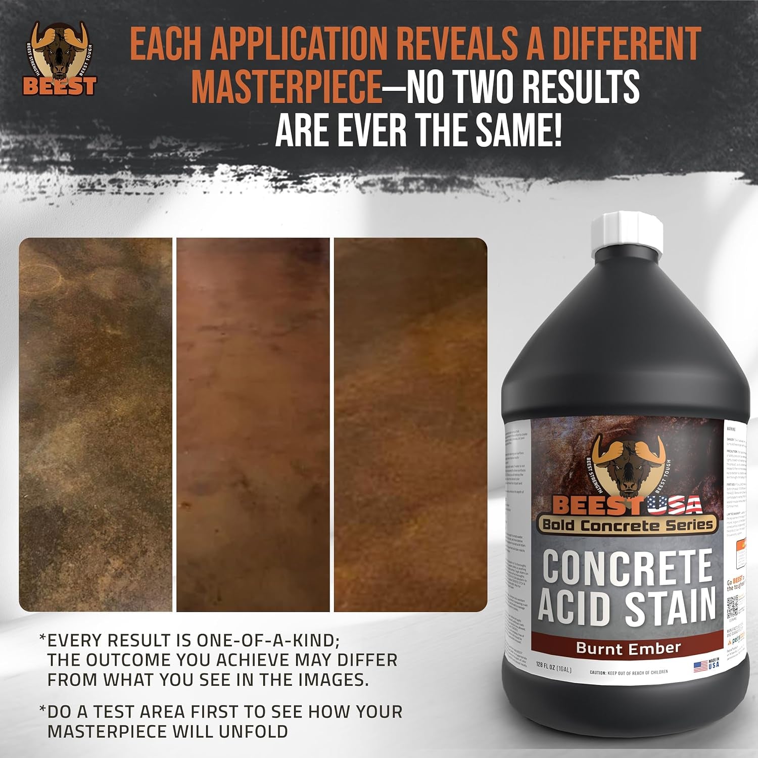 BEEST Concrete Stain - Burnt Ember - 1 Gallon, Test 8 Oz Concrete Dye on a Small Area for Desired Results - Acid Stain for Floors, Pavers, Patios, Countertop, Cement, Driveway - Unique Marbled Finish