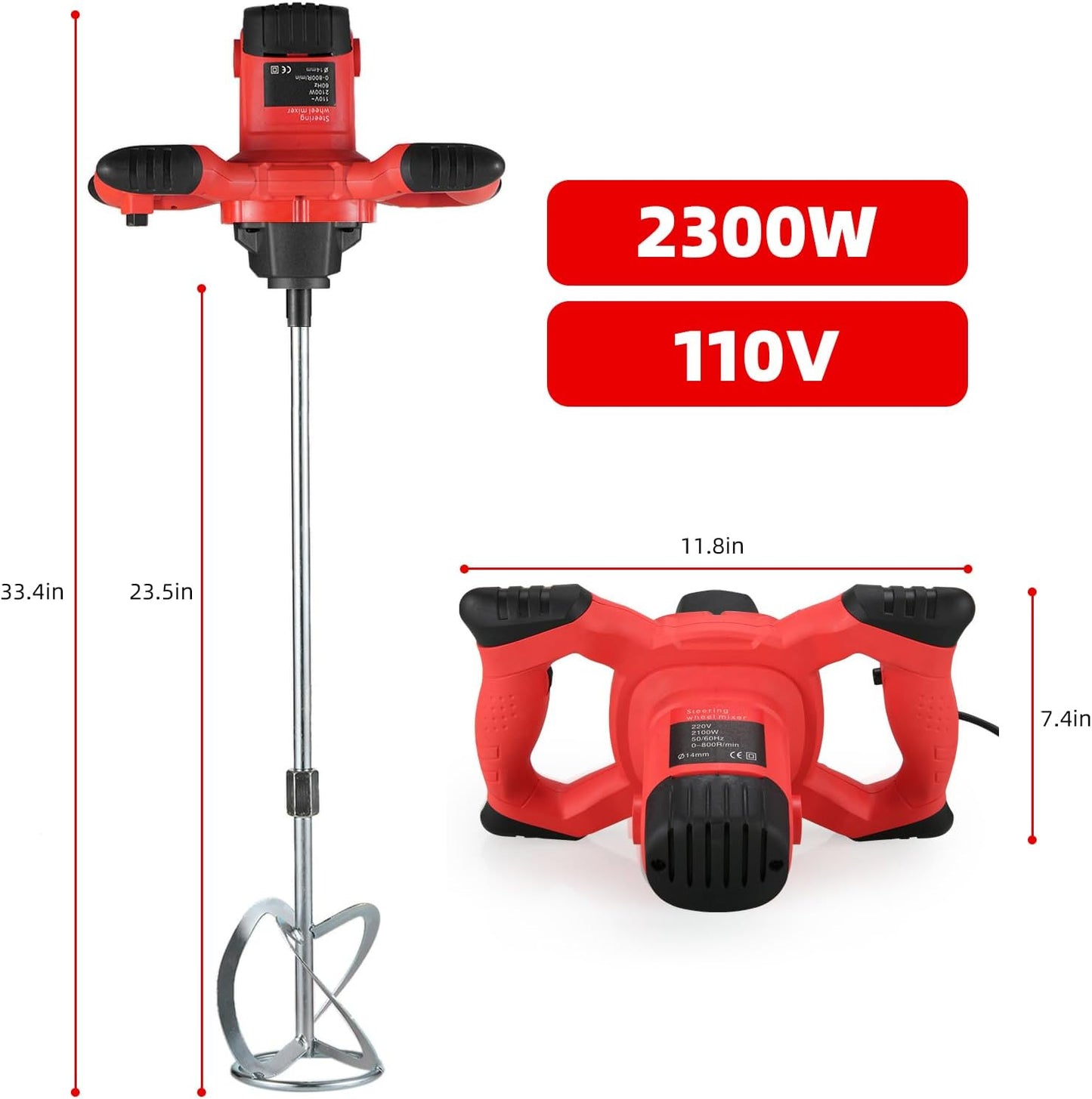 Cement Mixer 2300W, Handheld Electric Concrete Mixer with 6 Adjustable Speed, 110V Portable Mud Mixer Paint Mixer for Motar Grout Plaster Thinset Fodder Stirring Tool