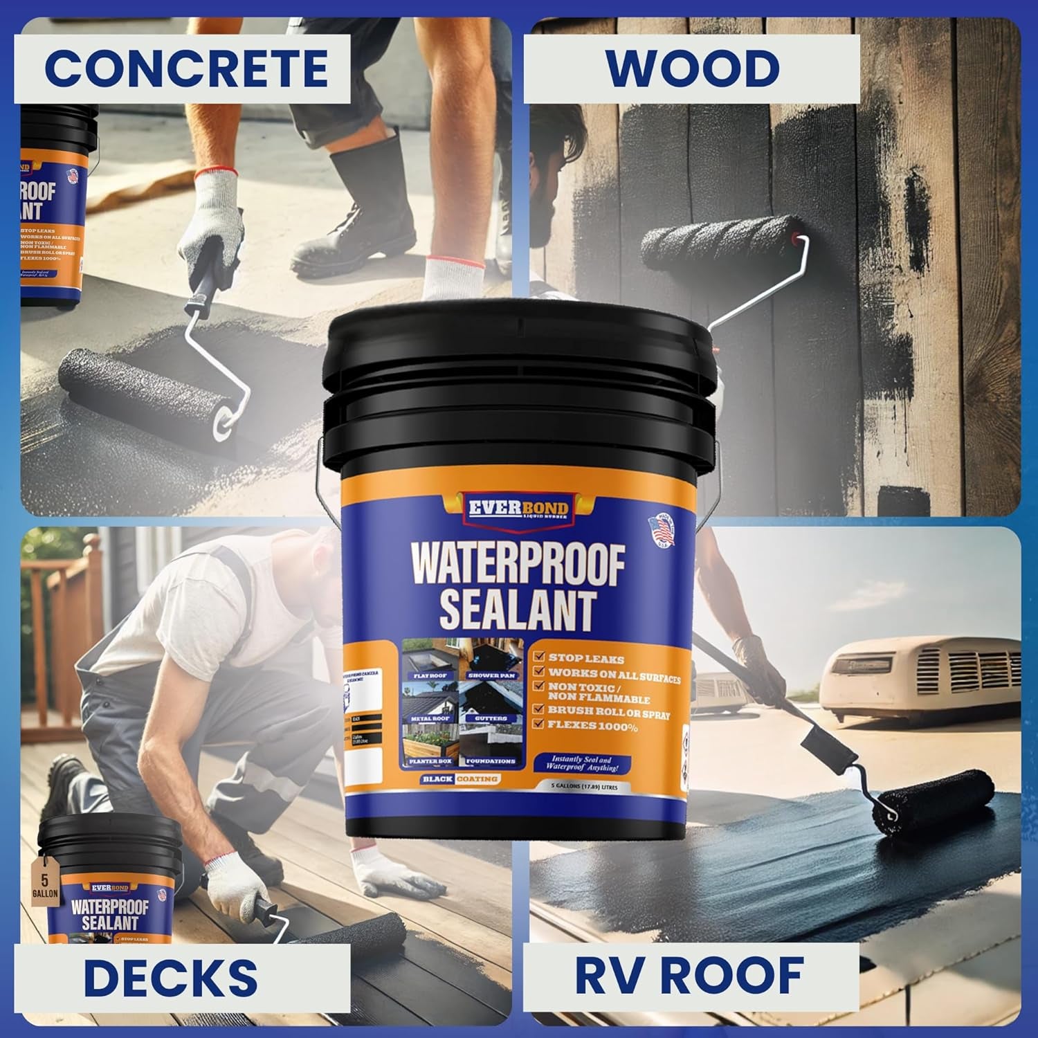 Liquid Rubber Waterproof Sealant - Rubber Paint - All Surface Leak Repair Indoor and Outdoor Flexible Roof Sealant, Water-Based, Easy to Apply, Original Black, 4.75 Gallon