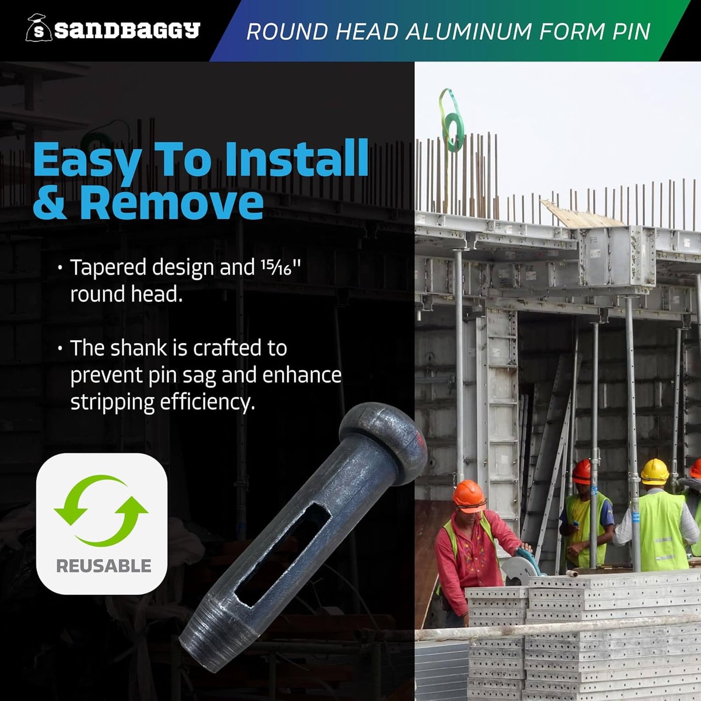 Sandbaggy round Head Aluminum Form Pin - Concrete Formwork Wedge Pins - Construction Grade Heat-Treated Steel - Reusable (50)