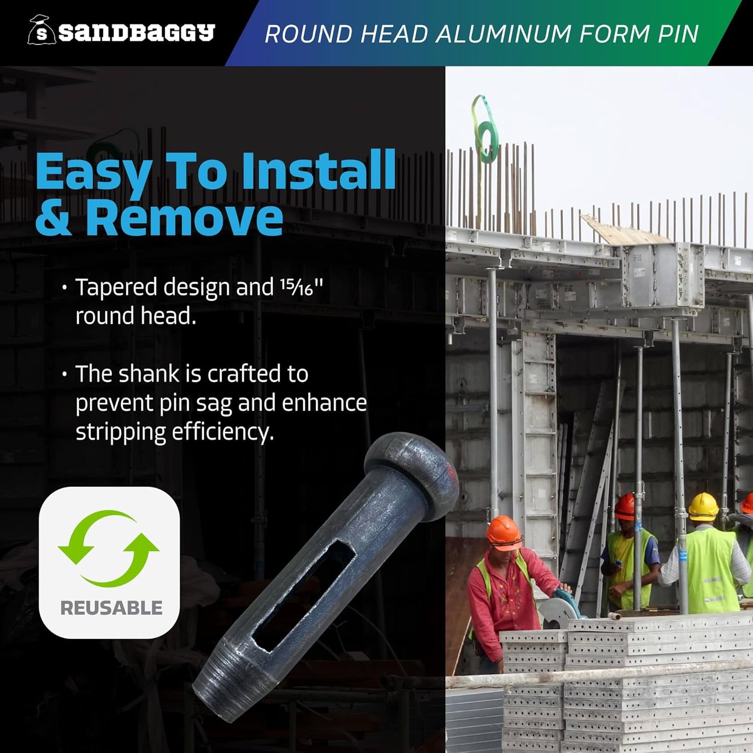 Sandbaggy round Head Aluminum Form Pin - Concrete Formwork Wedge Pins - Construction Grade Heat-Treated Steel - Reusable (50)